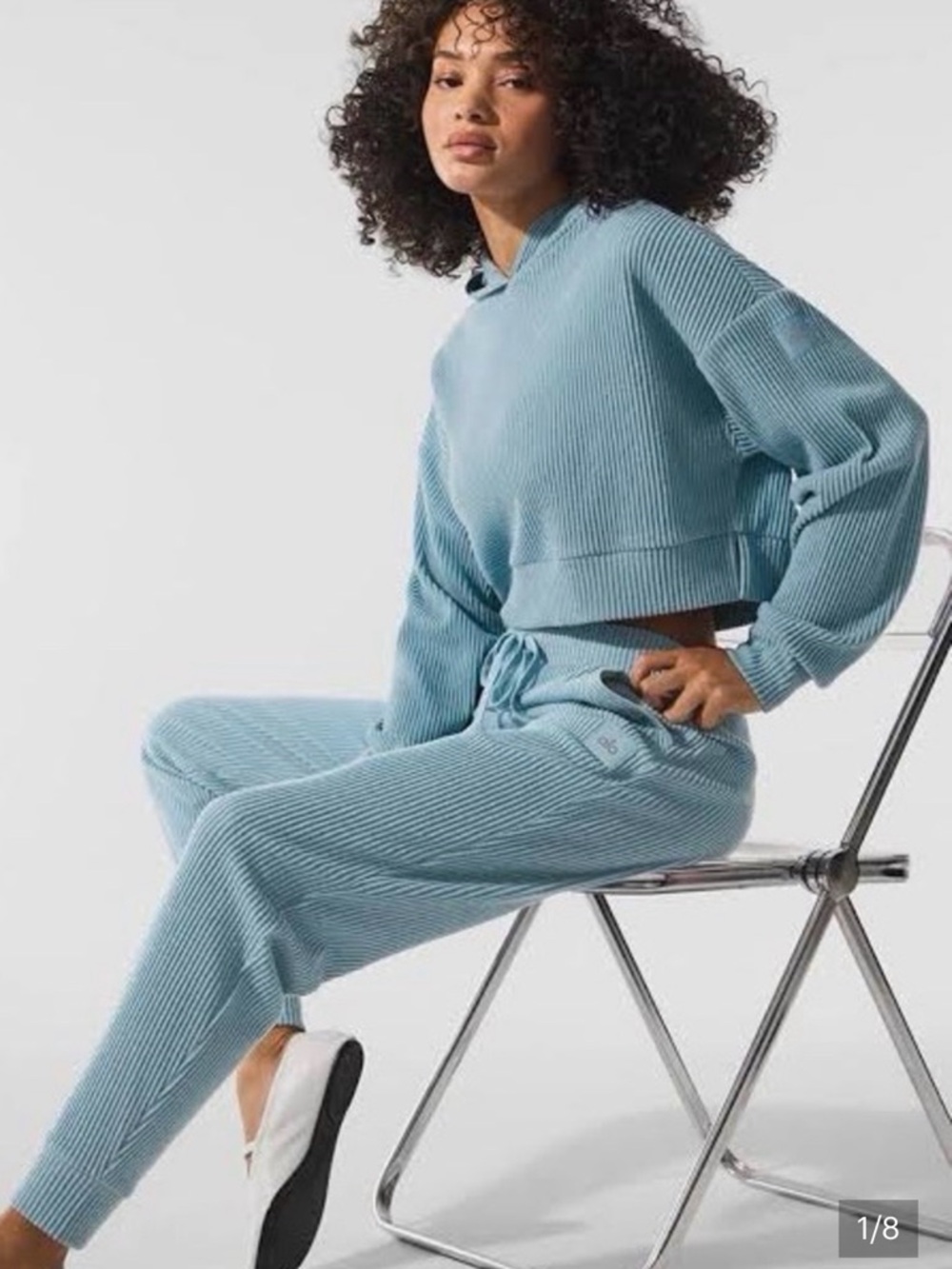ALO Yoga Cropped muse Ribbed Hoodie in celestial blue